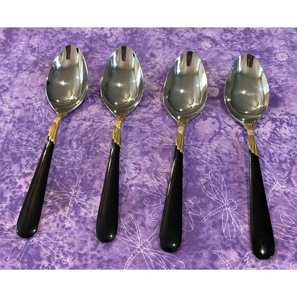 Yamazaki Lindi Teaspoons‎ 18/8 Stainless Black Handle Gold Accent Set Of 4 VTG - Picture 1 of 4